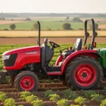 Kompaktowy ciągnik rolniczy na słonecznym polu z rzędami upraw w tle.