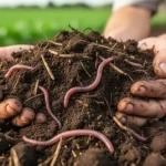 Dłonie trzymające żyzną, ciemną glebę z widoczną materią organiczną i dżdżownicami na tle rozmytego pola.