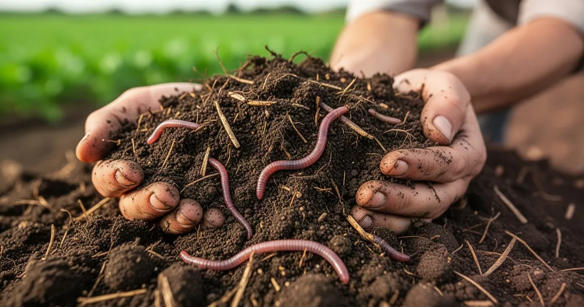 Dłonie trzymające żyzną, ciemną glebę z widoczną materią organiczną i dżdżownicami na tle rozmytego pola.