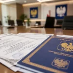 Dokumenty urzędowe z godłem Polski na biurku w nowoczesnym biurze.