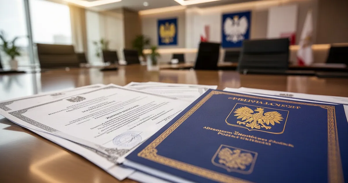 Dokumenty urzędowe z godłem Polski na biurku w nowoczesnym biurze.