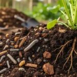 Zbliżenie na żyzną, ciemną glebę z widoczną materią organiczną, korzeniami roślin i mikroorganizmami w naturalnym świetle.