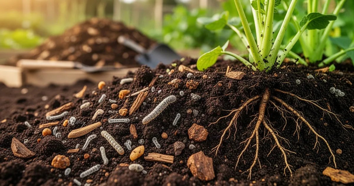 Zbliżenie na żyzną, ciemną glebę z widoczną materią organiczną, korzeniami roślin i mikroorganizmami w naturalnym świetle.