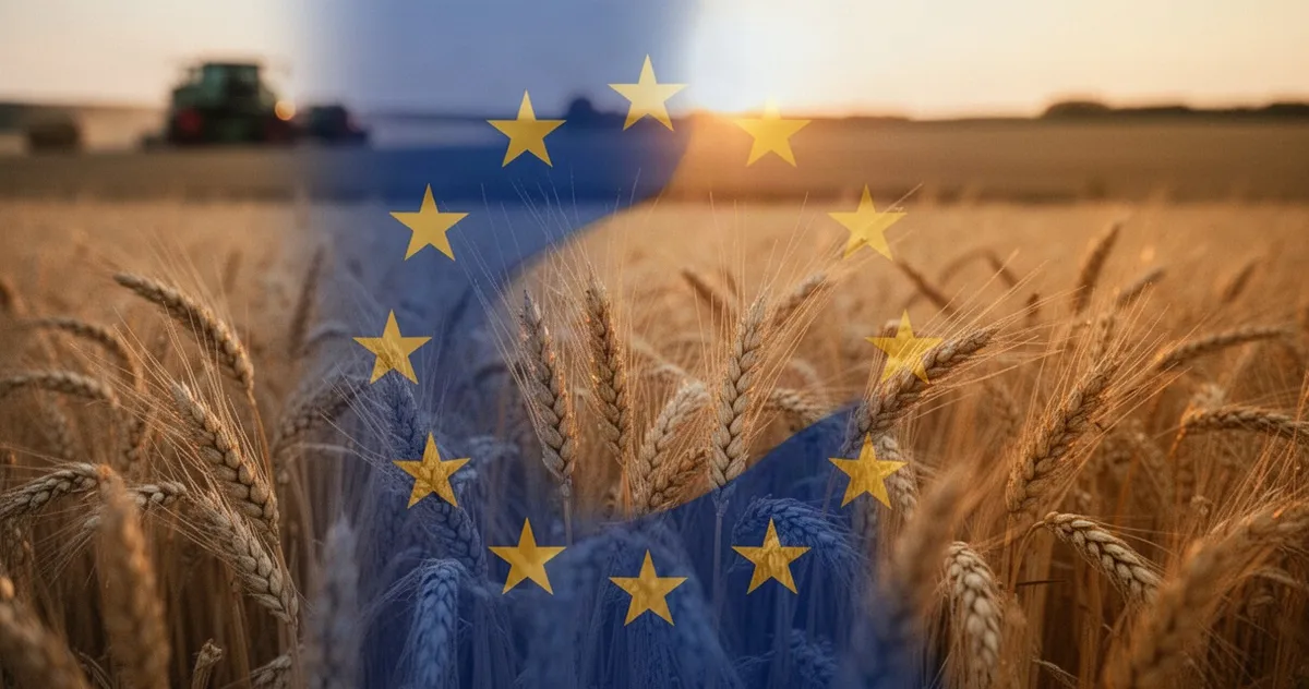 Pole dojrzałej pszenicy w świetle zachodzącego słońca z subtelnie wkomponowanymi barwami flagi Unii Europejskiej.