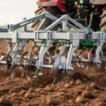 Zbliżenie na metalowe zęby i elementy robocze nowoczesnego agregatu uprawowego pracującego w żyznej, brązowej glebie.