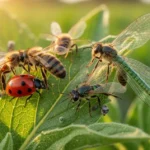 Biedronka, pszczoły i złotook na zielonych liściach w słonecznym ogrodzie w zbliżeniu.