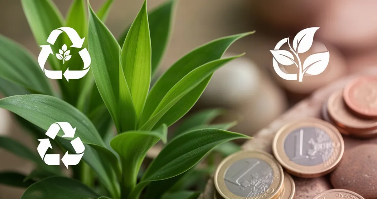 Zielone liście rośliny oraz ekologiczne symbole na rozmytym tle z monetami euro w odcieniach ziemi.
