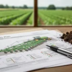 Plan nawożenia z próbką gleby i długopisem na biurku, w tle widoczne rozmyte pola uprawne.