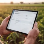 Dłonie rolnika trzymające tablet z formularzem eWniosekPlus na tle rozmytego pola uprawnego w świetle słonecznym.