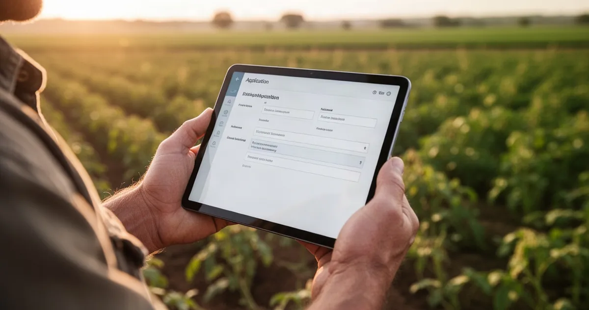 Dłonie rolnika trzymające tablet z formularzem eWniosekPlus na tle rozmytego pola uprawnego w świetle słonecznym.