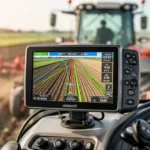 System nawigacji GPS na pulpicie ciągnika pokazujący współrzędne pola i linie naprowadzania, w tle rozmyte pole uprawne.