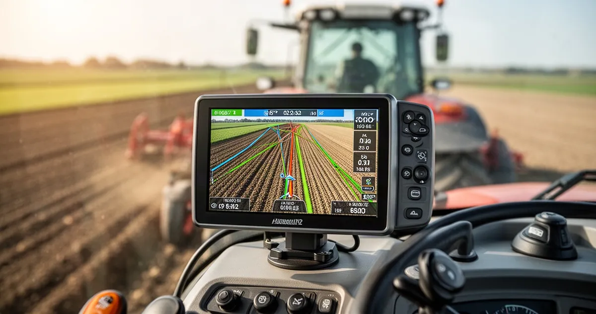 System nawigacji GPS na pulpicie ciągnika pokazujący współrzędne pola i linie naprowadzania, w tle rozmyte pole uprawne.