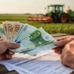 Dłonie trzymające banknoty euro i dokumenty rolnicze na drewnianym stole, w tle zarys pól uprawnych i nowoczesnego sprzętu.