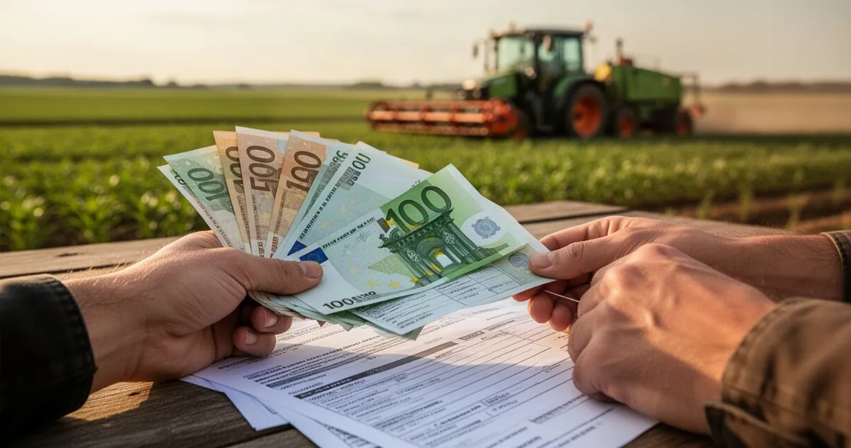 Dłonie trzymające banknoty euro i dokumenty rolnicze na drewnianym stole, w tle zarys pól uprawnych i nowoczesnego sprzętu.