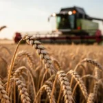 Zbliżenie na kłosy złotego zboża na polu, w tle rozmyty kombajn pracujący podczas złotej godziny.
