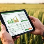 Dłoń rolnika trzymająca tablet z wykresami kosztów produkcji na tle rozmytego pola pszenicy.