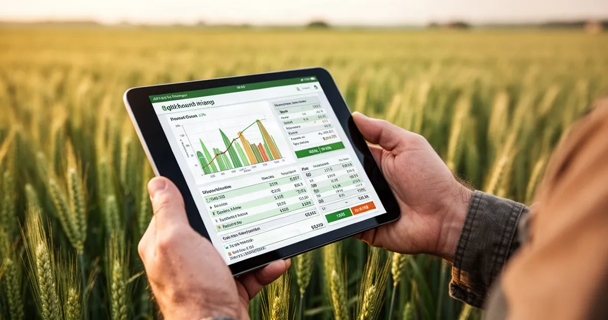 Dłoń rolnika trzymająca tablet z wykresami kosztów produkcji na tle rozmytego pola pszenicy.