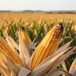 Dojrzałe kolby kukurydzy na pierwszym planie na tle rozległego, nasłonecznionego pola podczas żniw.