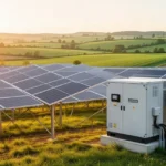 Nowoczesne panele fotowoltaiczne i system magazynowania energii w gospodarstwie rolnym na tle pól w świetle zachodzącego słoń