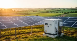 Nowoczesne panele fotowoltaiczne i system magazynowania energii w gospodarstwie rolnym na tle pól w świetle zachodzącego słoń
