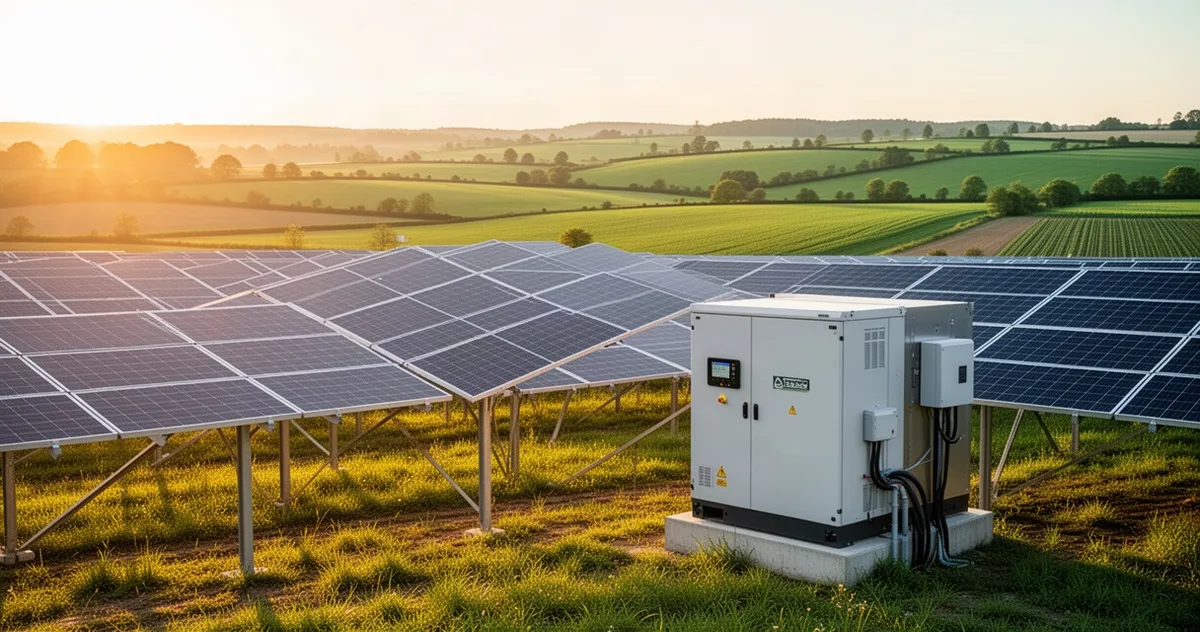Nowoczesne panele fotowoltaiczne i system magazynowania energii w gospodarstwie rolnym na tle pól w świetle zachodzącego słoń