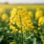 Zbliżenie na intensywnie żółte kwiaty rzepaku jarego z wyraźnymi zielonymi liśćmi i łodygami w słonecznym świetle.