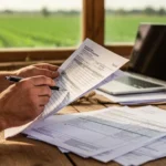 Dłonie rolnika z długopisem nad formularzami i laptopem na drewnianym stole; w tle widok na zielone pola.