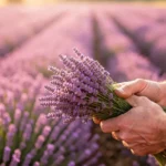 Dłonie rolnika trzymające bukiet lawendy na tle rozległego, kwitnącego pola o zachodzie słońca.
