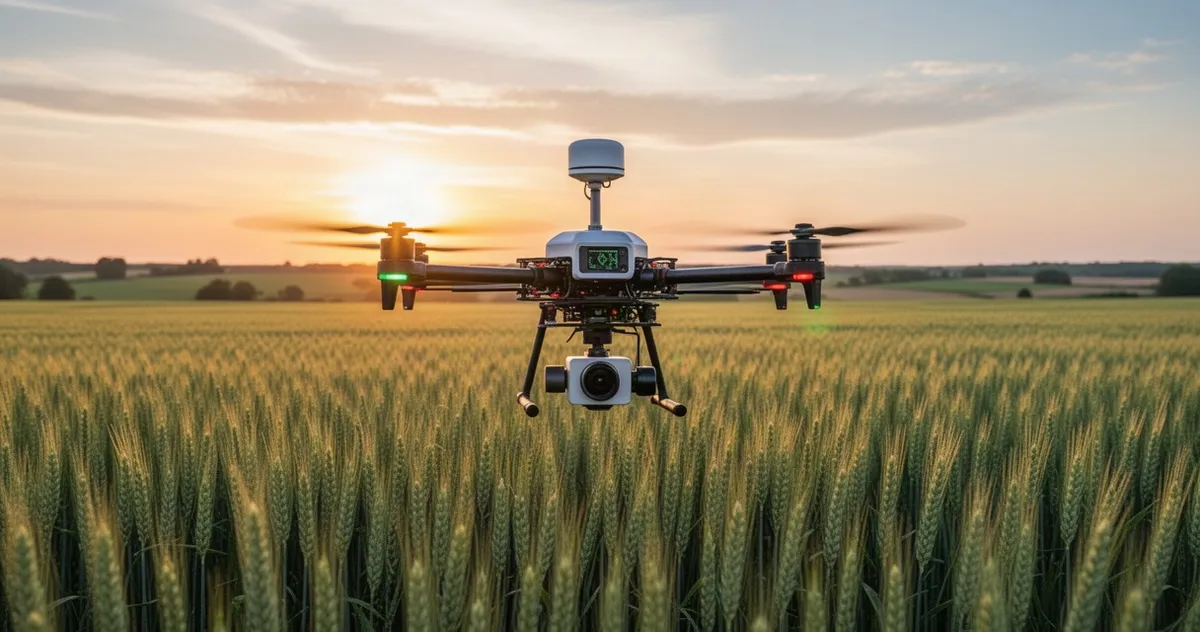Dron rolniczy lecący nad polem uprawnym