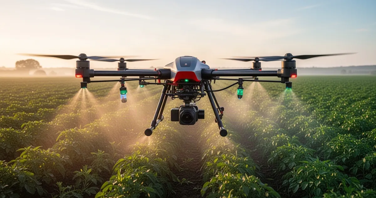 Dron rolniczy wykonujący oprysk nad polem