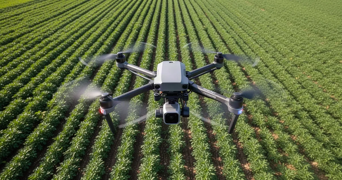 Dron z kamerą multispektralną monitorujący pole uprawne