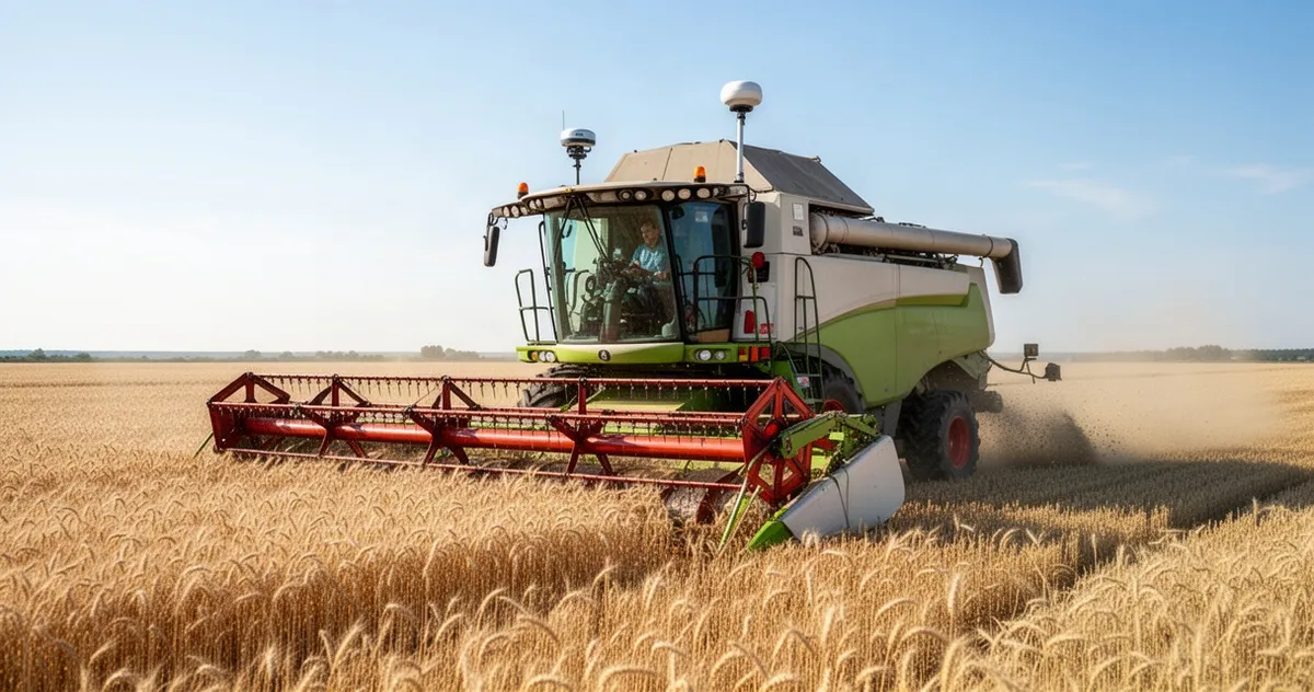 Kombajn zbożowy podczas zbioru z zamontowanym systemem GPS do mapowania plonów