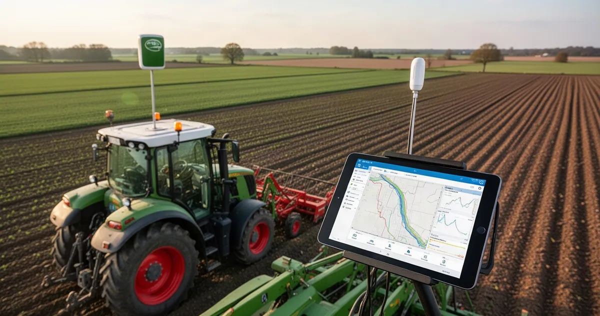 Nowoczesne gospodarstwo z traktorem wyposażonym w nawigację GPS i tablet z danymi polowymi