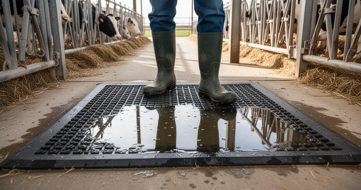 Buty wchodzące na matę dezynfekcyjną przed wejściem do budynku inwentarskiego.
