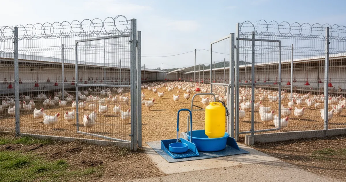 Ferma drobiu z zabezpieczonym wejściem i matą dezynfekcyjną