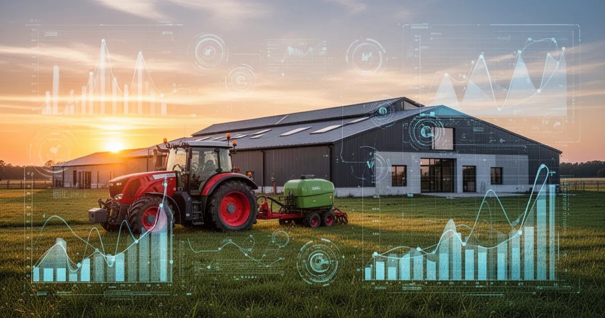 Nowoczesny traktor z nakładką analizy danych na polu o zachodzie słońca