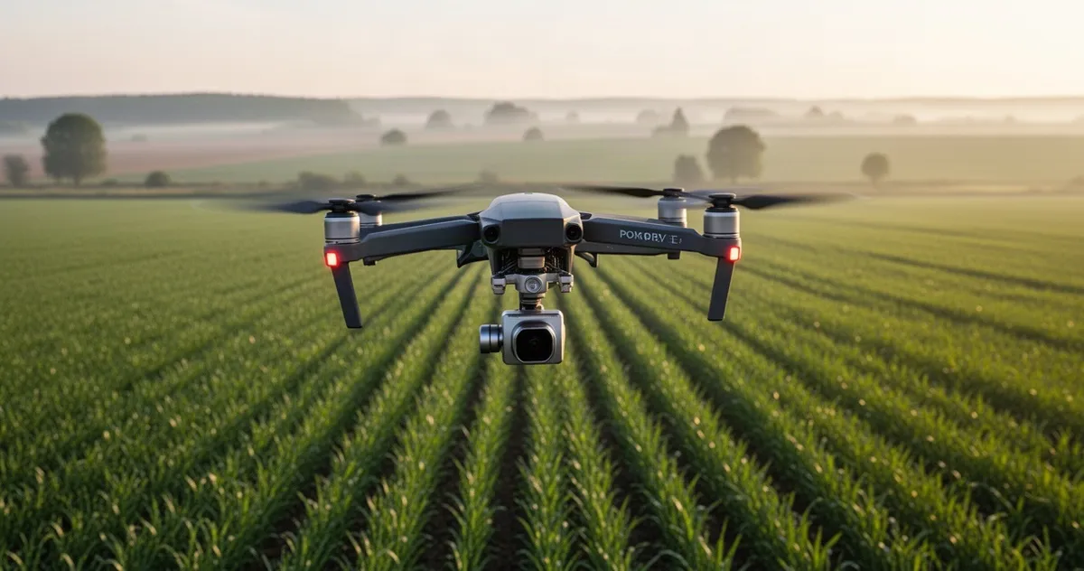 Dron monitorujący uprawy nad zielonym polem