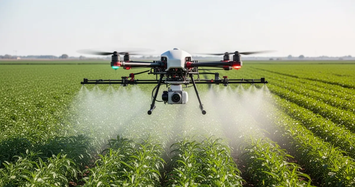 Dron rolniczy wykonujący oprysk