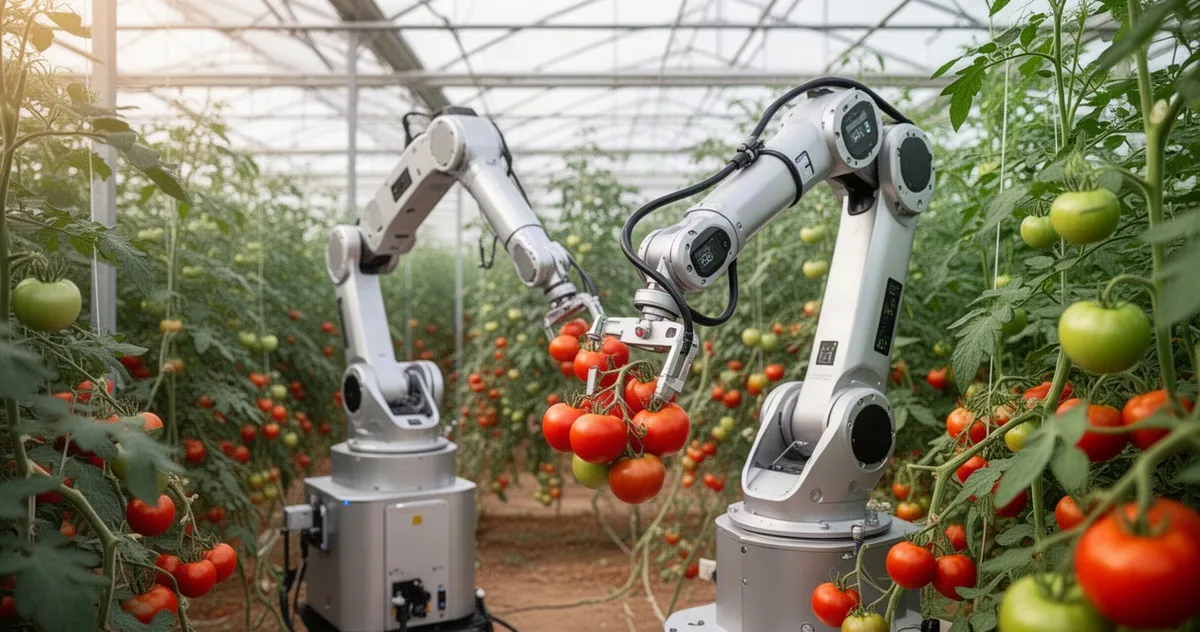 Ramię robota zbierającego dojrzałe pomidory w szklarni