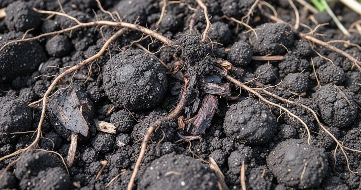 Ciemna, gruzełkowata gleba z resztkami organicznymi i korzeniami