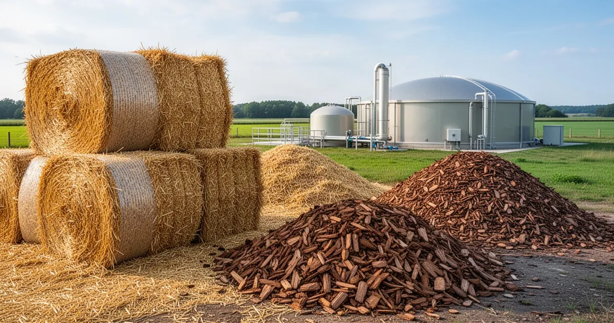 Biomasa rolnicza ułożona na przyczepie obok biogazowni