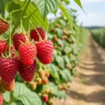 Dorodne, czerwone maliny na zielonych krzewach w słoneczny dzień na plantacji.