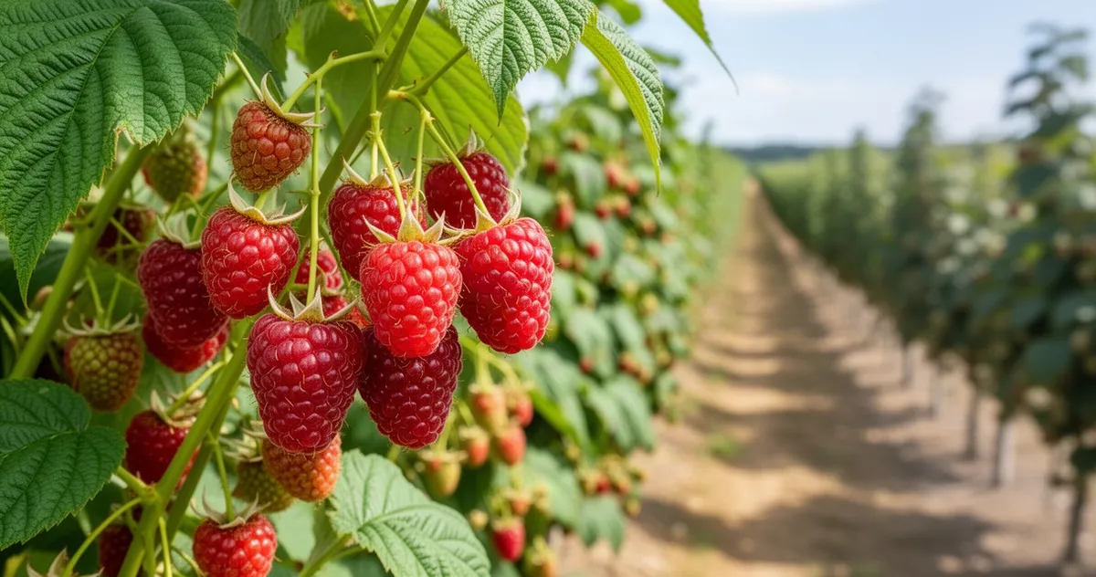 Dorodne, czerwone maliny na zielonych krzewach w słoneczny dzień na plantacji.