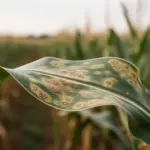 Zbliżenie na liść kukurydzy z widocznymi wczesnymi objawami choroby grzybowej na rozmytym tle pola uprawnego.