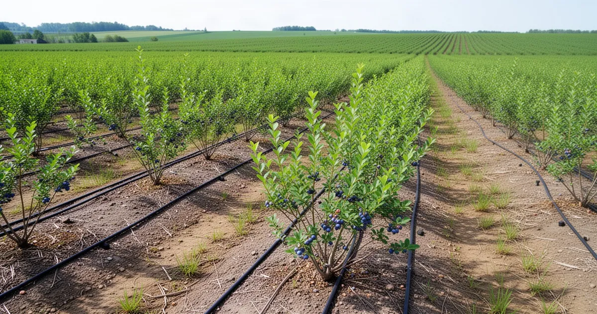 Młoda plantacja borówki wysokiej z liniami kroplującymi