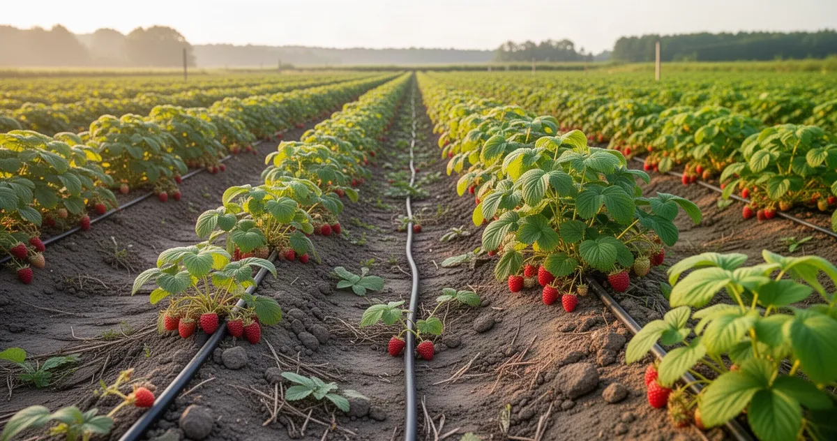 Rzędy malin z liniami kroplującymi na plantacji