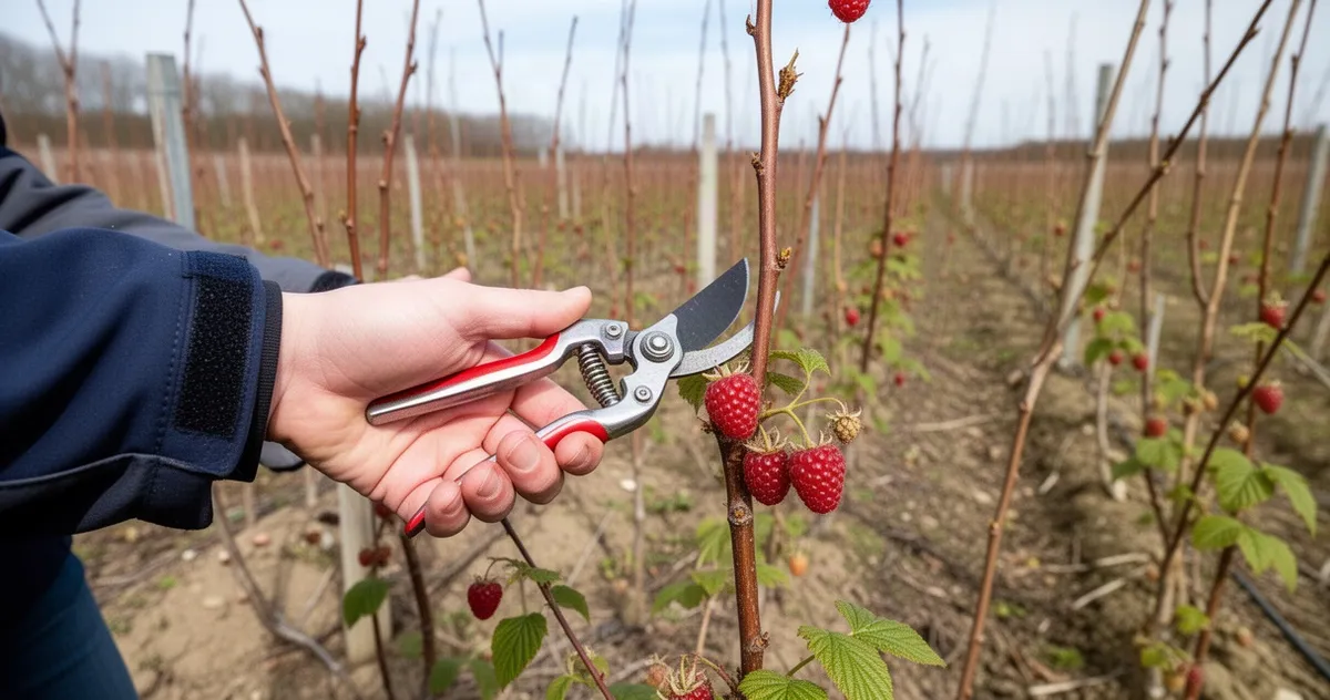 Cięcie pędów malin na plantacji